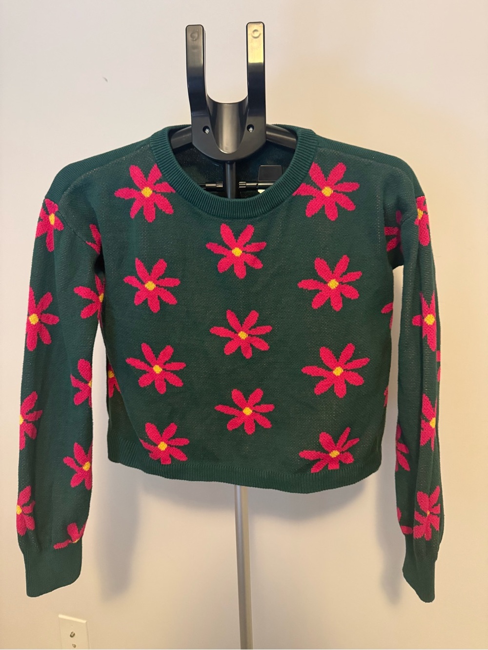 Dark Green Floral Crewneck Sweater with Pink Flowers Gap Kids